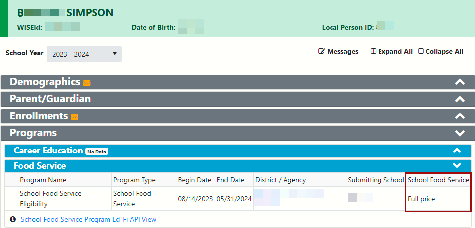 Screenshot of the WISEdata Portal Student Details screen for B Simpson, displaying Food Service Program Association data.