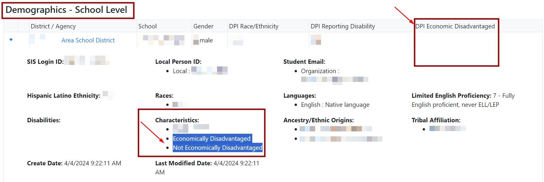 Screenshot of the School Level data on a Student Detail screen, demographic information. Characteristics section is displaying both economically disadvantaged and not economically disadvantaged.