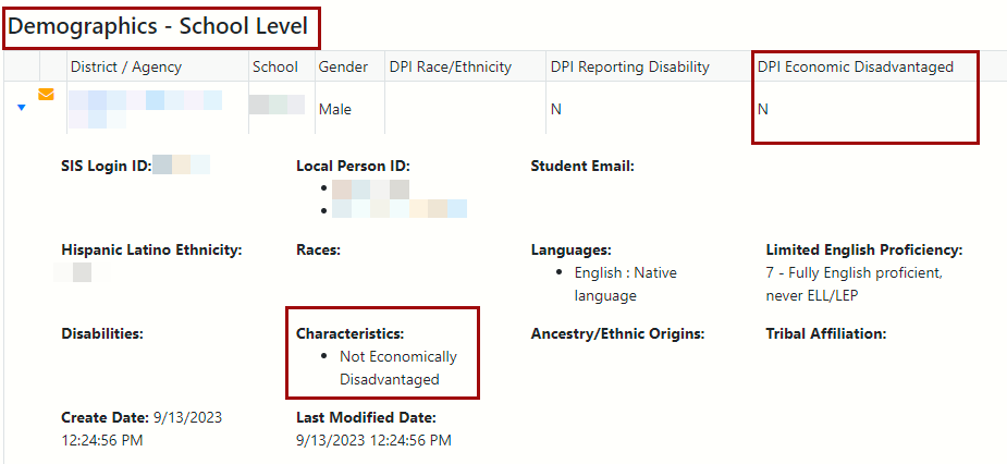 Screenshot of the School Level data on a Student Detail screen, demographic information. Characteristics section is now displaying only not economically disadvantaged.